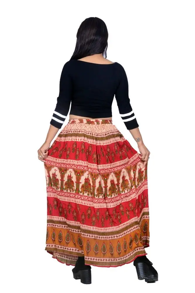Fashionable long rayon crepe wrinkled skirt hand block printed skirt for women