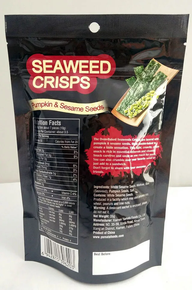 Crispy original flavor roasted seaweed crisps with pumpkin seeds