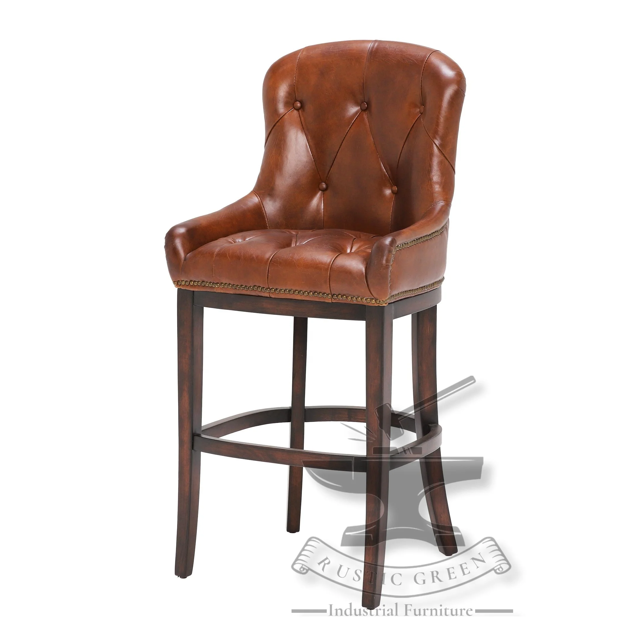 Промышленный барный стул из натуральной кожи и дерева