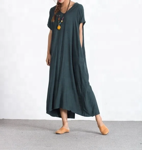 Женское свободное платье-макси из хлопка и льна