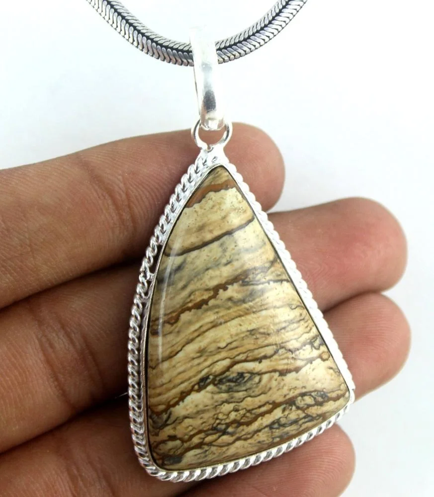 92.5 Sterling Silver Fancy Shape Natural Landscape Jasper Gemstone  Women Jewelry Charm Pendant Wholesale