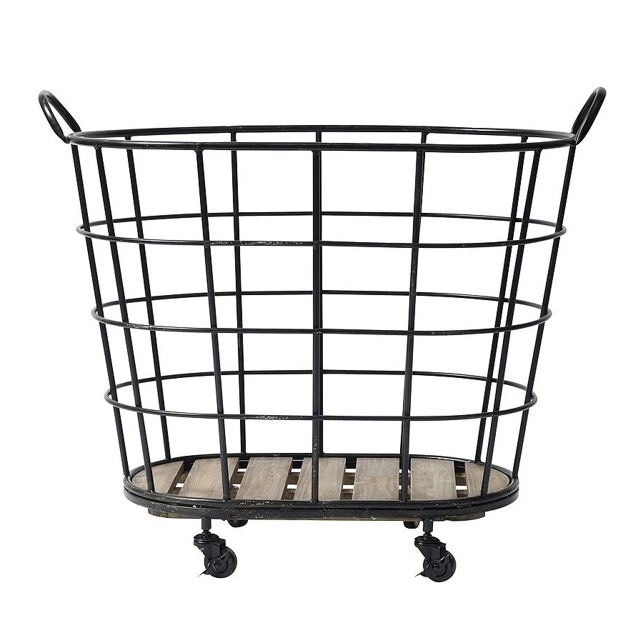 Round wire wood basket with handle Wood & Black powder coated  Metal round basket