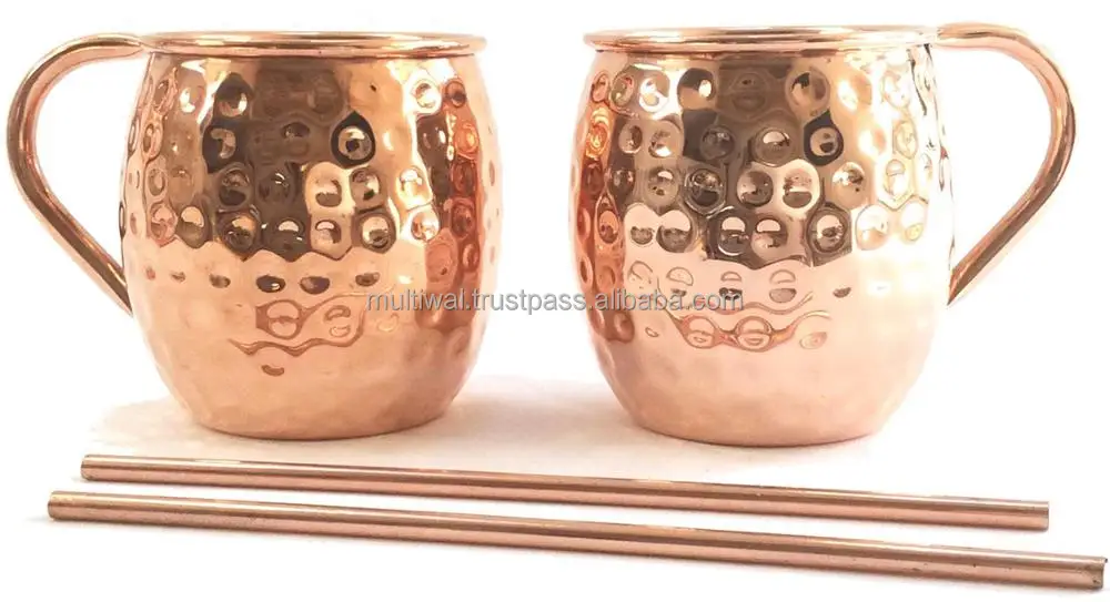 Moscow Mule Mugs Set Of 2 16 oz Pure Solid Genuine , Copper Cups , Straws,Stirring Spoon Shot