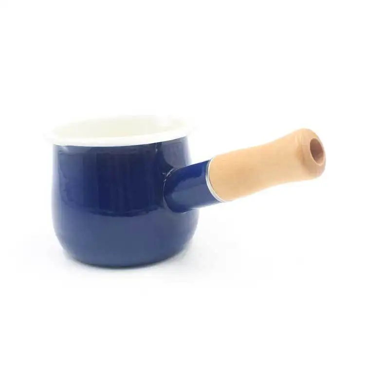 Оптовая продажа, цветной маленький керамический эмалированный молочный горшок с длинной деревянной ручкой