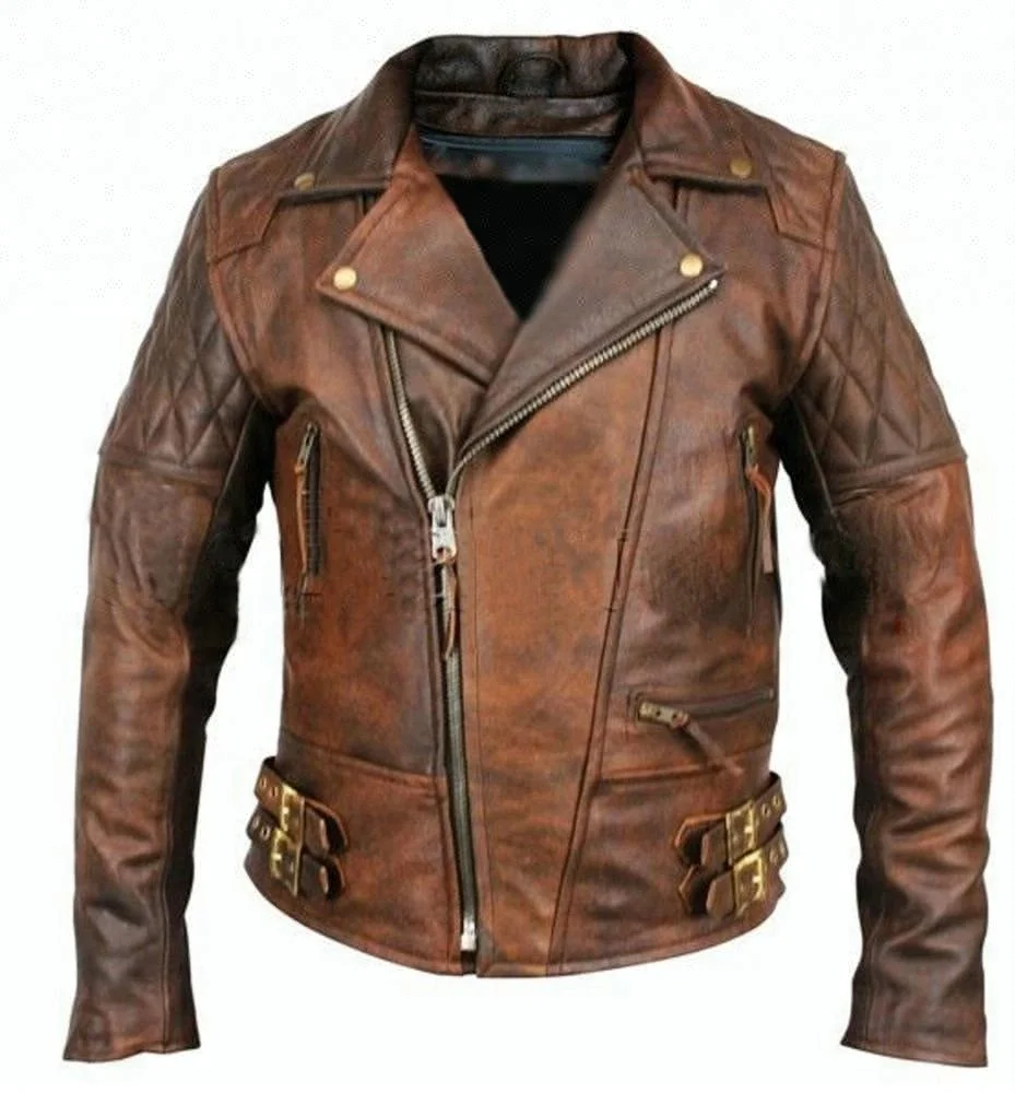 Classic Diamond Motorcycle Biker Brown Distressed Vintage real Leather Jacket fsw-8085
