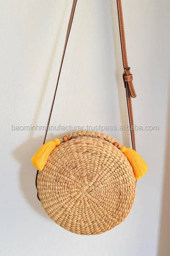 Straw bag Thai Weaving water hyacinth cross body bag handmade with brown faux leather