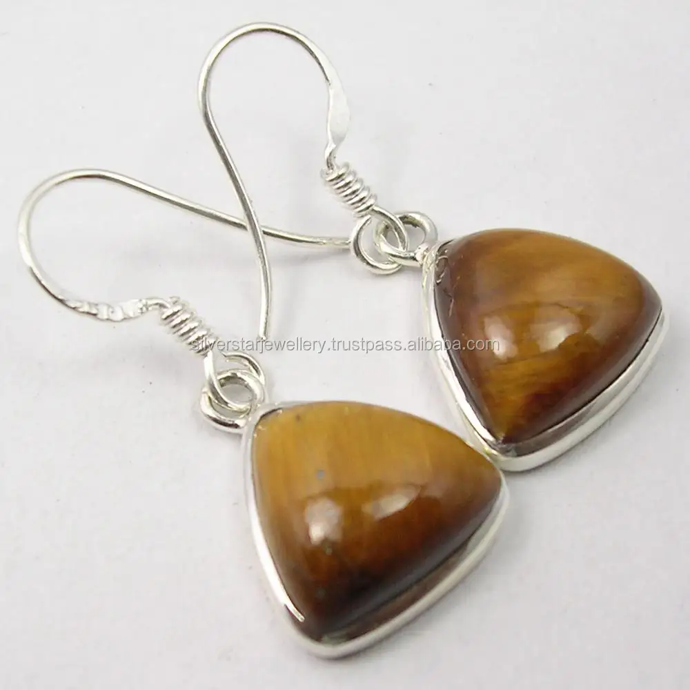 
925 sterling silver triangle shape cab tigers eye dangle earrings top designs wholesale gemstone jewelry 