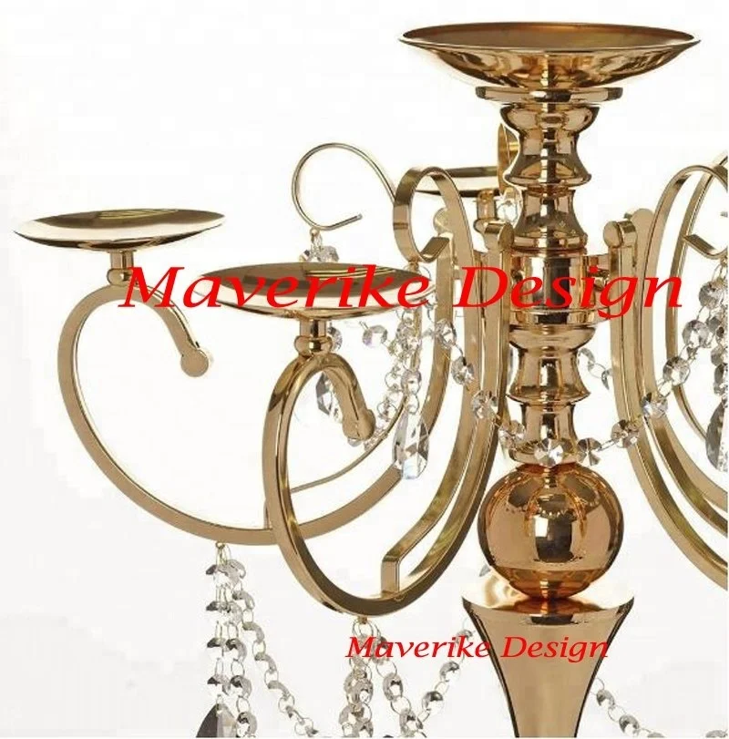Latest 2024 Tall Gold 5 Arm Shiny Metal Candelabra Chandelier Votive Candle Holder Wedding Decoration Centerpiece