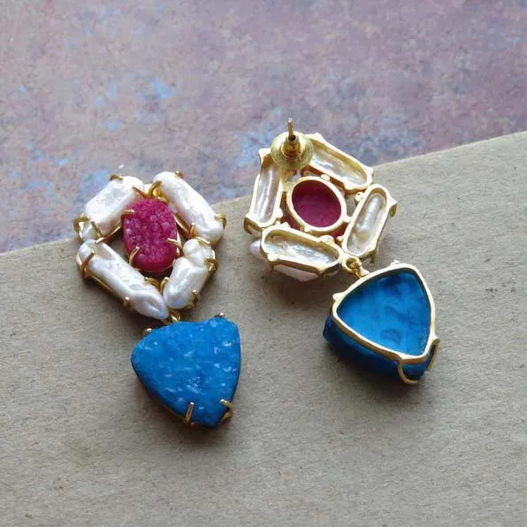 White Pearl Dangle Earrings Pink, Blue, Druzy Handmade Gemstone Earrings