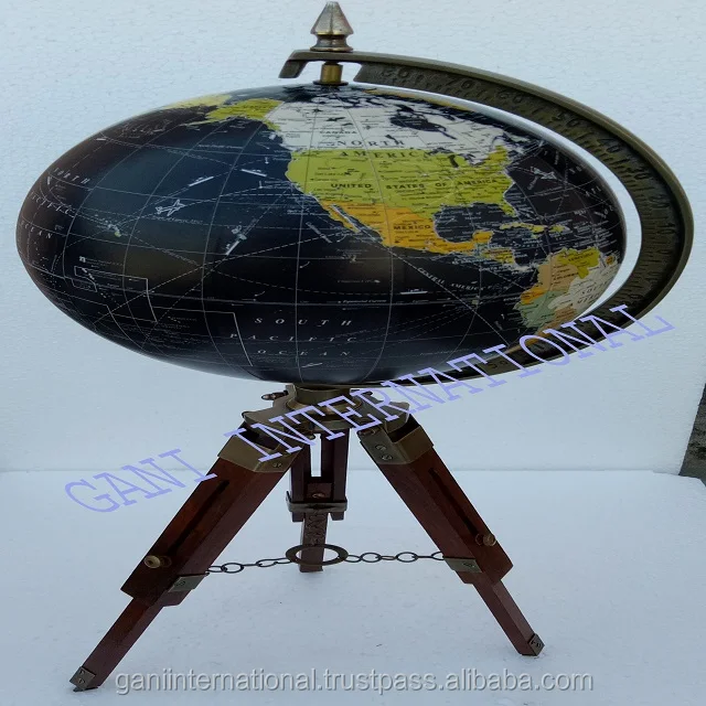Rotating World Map Globe with Tripod Wooden Stand