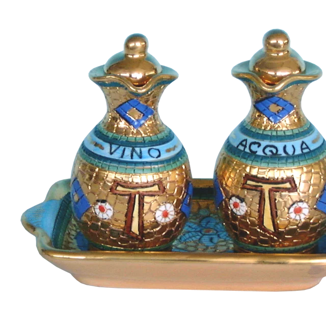 Ceramic church cruet set hand painted with pure gold hand made in Italy mosaic design catholic item