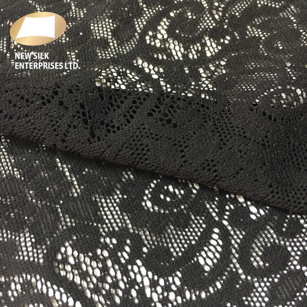 Black nylon jacquard mesh floral lace jersey knit fabric for dress