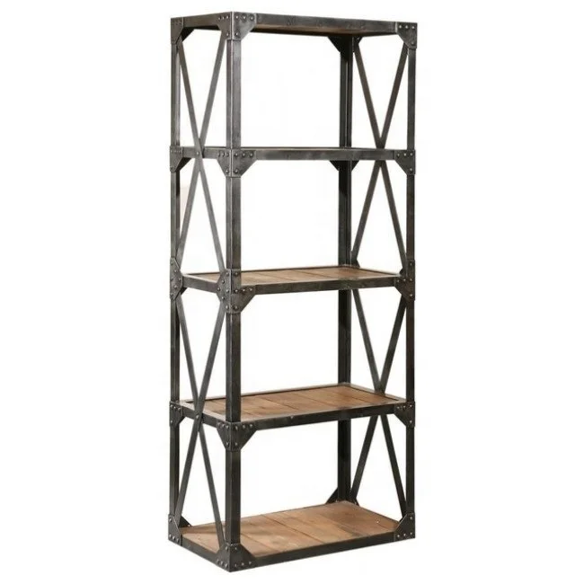 Industrial & vintage grey black iron metal & natural solid wood Book shelf