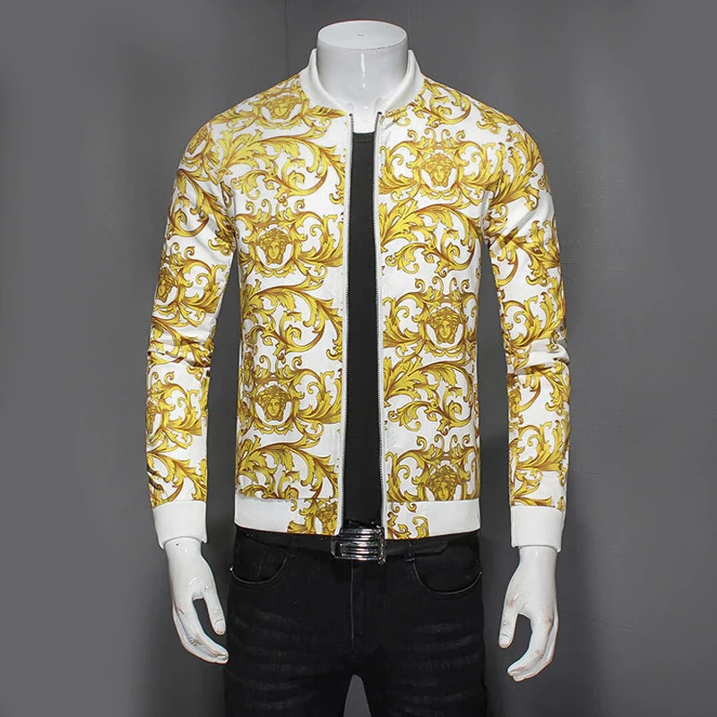 New Arrival Gold Print Jacket Black Gold Party Club Outfit Bomber Jackets Men Male Jacket