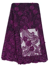 Magenta China Wholesale Nigeria French lace Fabrics Tulle Cheap lace with Stones and beads For wedding dress and Party  FL0395