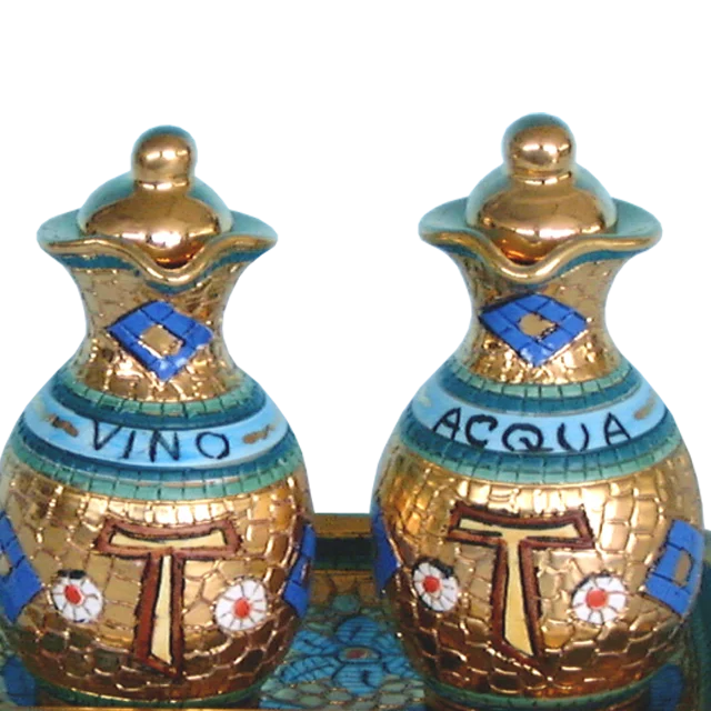 Ceramic church cruet set hand painted with pure gold hand made in Italy mosaic design catholic item
