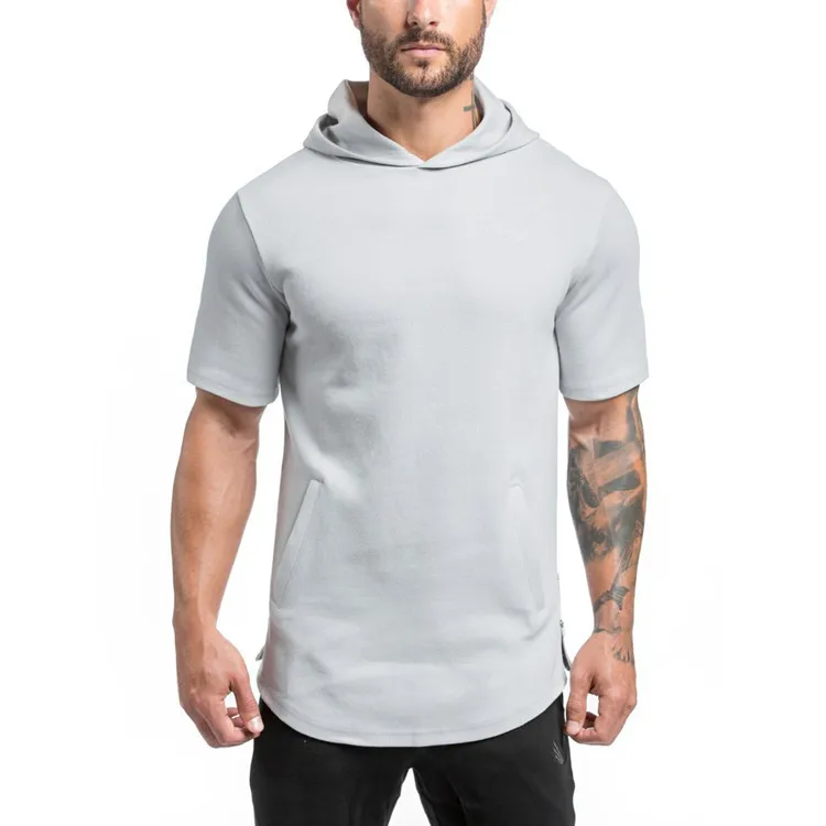 Hot style training breathable cotton short sleeves summer men Pullover Hoodies bodybuilding fashion blank hoodies with hood
