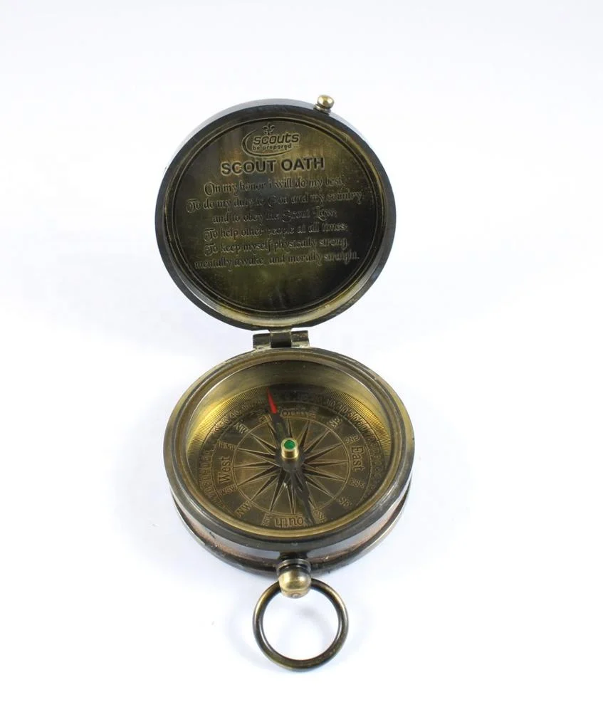 Brass Boys Scout Antique Finish Compass with Engraved Scout Oath Inside Compass with Leather case