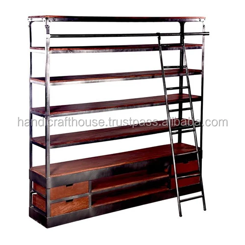 Industrial Vintage Indian old Wood Metal Wide Shelf and Drawers with ladder Library Bookcase
