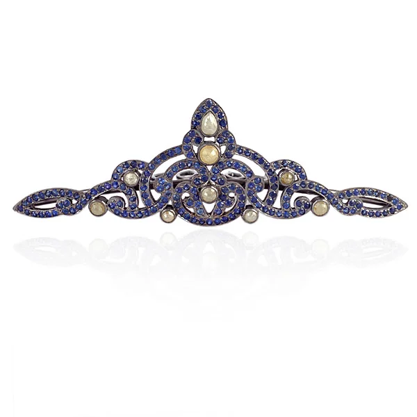 Natural Blue Sapphire 925 Sterling Silver Crown Design Tiara Hair Comb Head Accessory Jewelry For Her