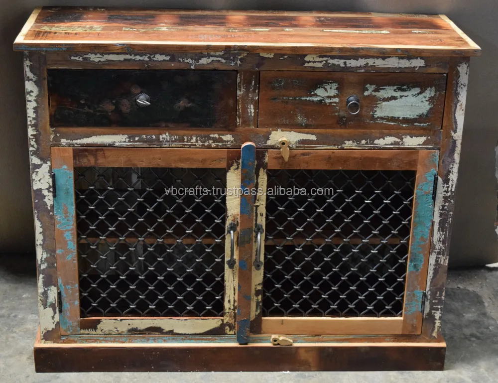 Iron Jali Door Indian Antique Recycled Old Wood Ethnic Style Storage Display Kitchen Office Home Living Room Cabinet Sideboard