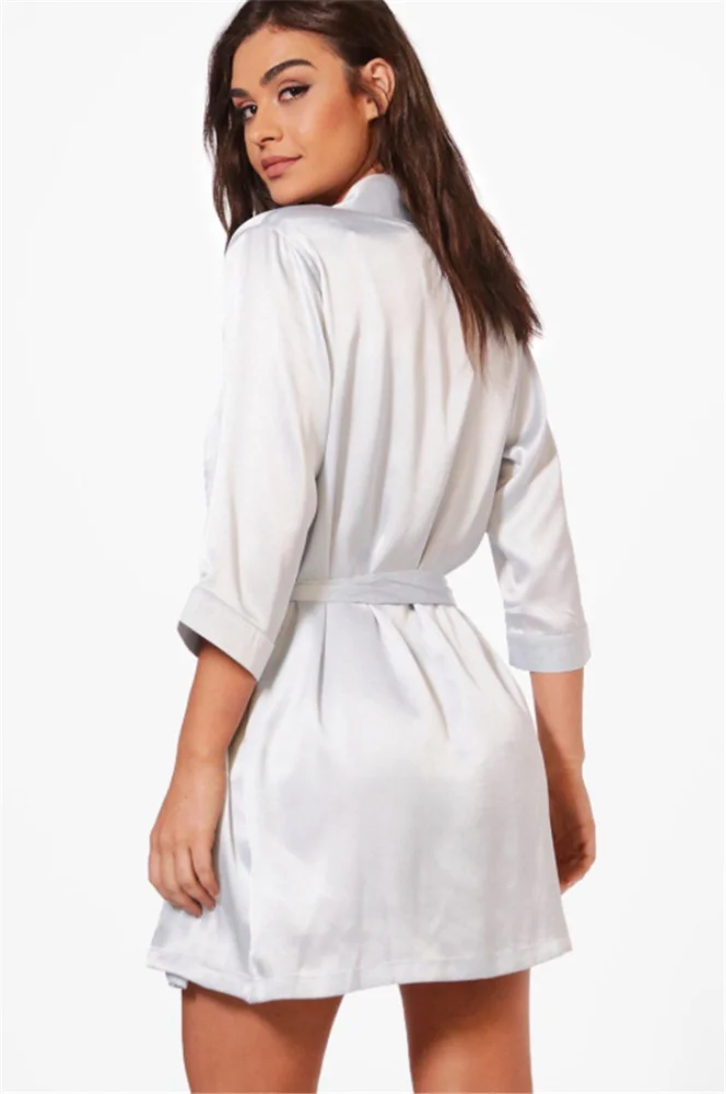 
MGOO OEM Satin Short Kimono Robe Pure Color Night Dress Bathrobe with Oblique V Neck for Women 