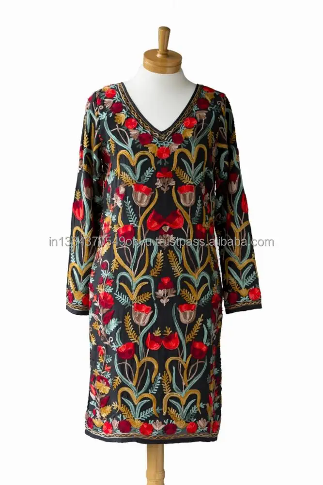Unique Mexico Style Exclusive Inspired Kashmiri Embroider Women Dress Loose Vintage Classic Cocktail Evening Dinner Short Dress