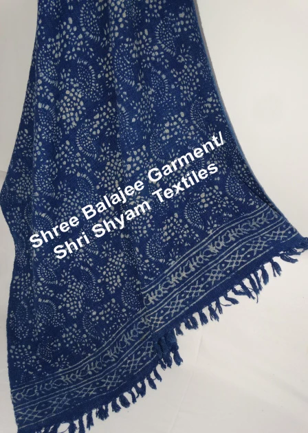 Fair Trade Indian Recycled Cotton Woven Indigo Blue Block Print  Sofa Settee Bedspread Fringe Blanket Throw 130x170cm