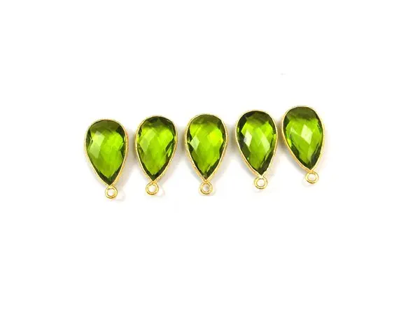 Gold Plated Peridot Quartz Gemstone Bezel Pendant Connectors 10x16mm Pear Shape Charm For Jewelry Making Components