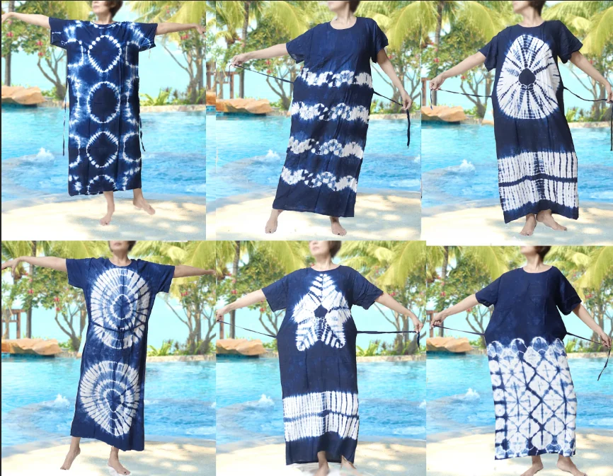 Indigo blue tie dye handmade retro thai style HIPPIE BOHO  kimono kaftan maxi dress