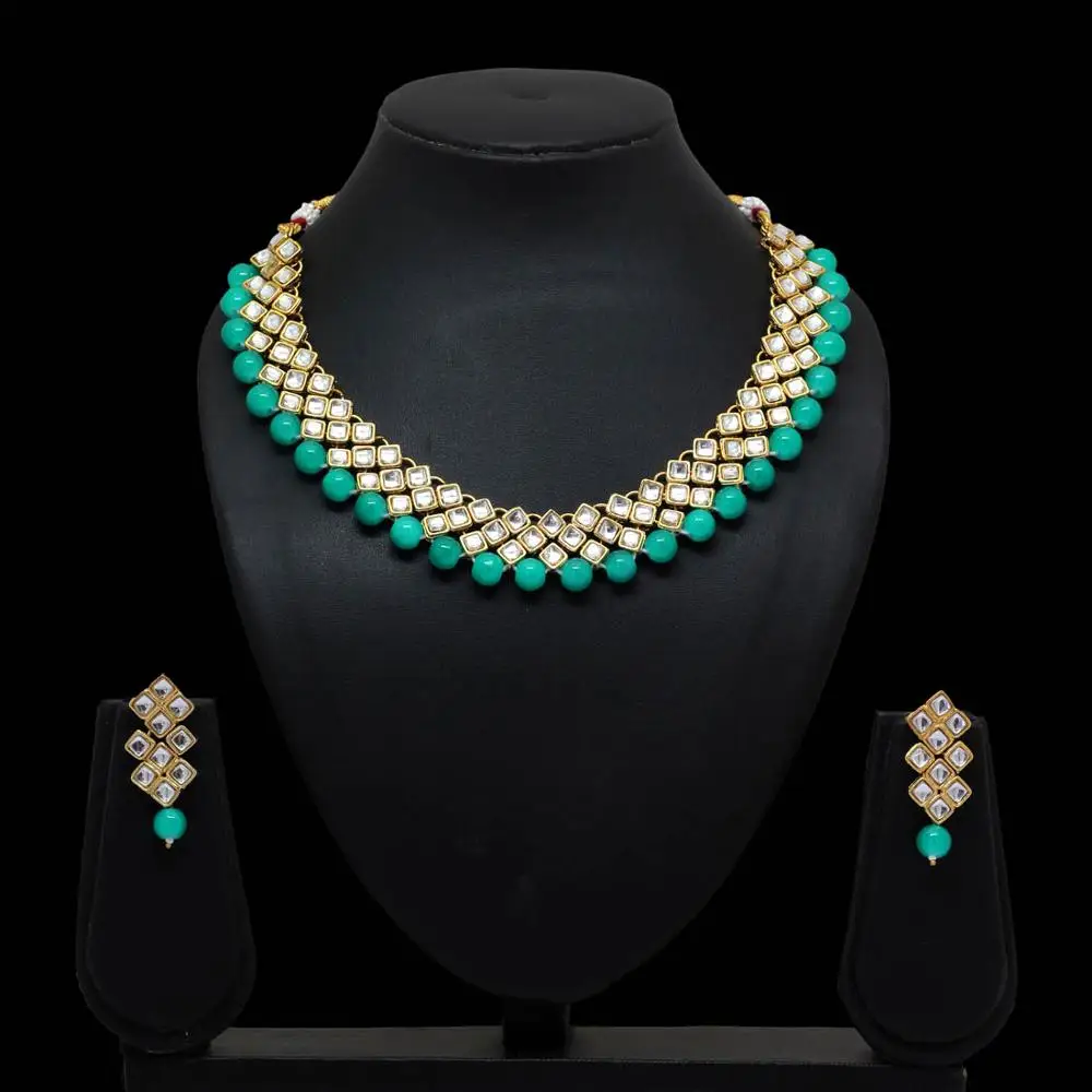 Rama Green Color Kundan Necklace With Earring