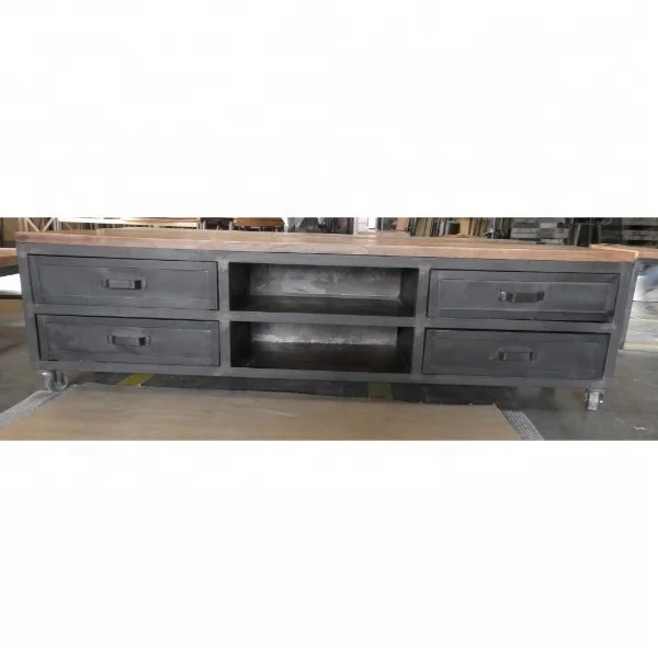 
Industrial & vintage iron metal 4 drawer Entertainment TV Cabinet with wood Top 