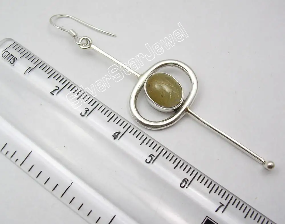 
Gemstone natural jewelry 925 real sterling silver cab oval shape golden rutile quartz long dangle earring 