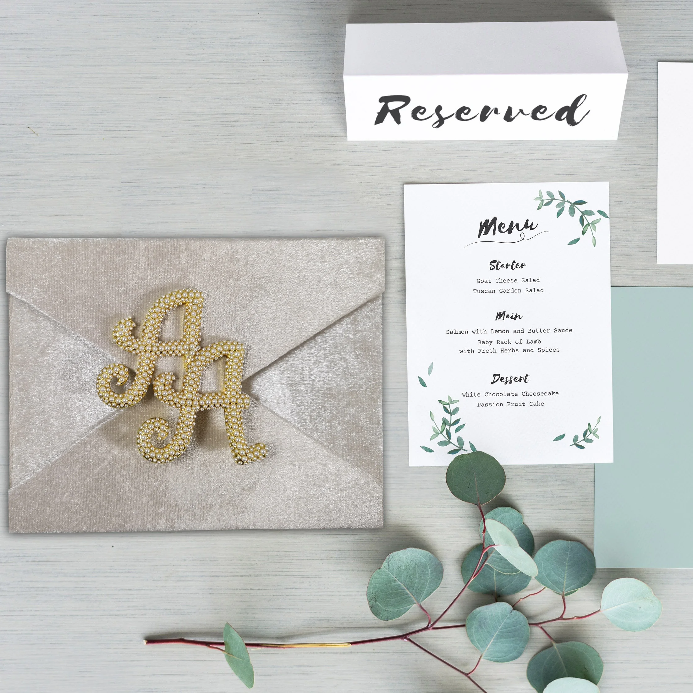 Monogram Embroidered Rhinestone Brooch Embellished White Wedding Invitation Box