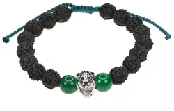 Bracelet with Agate Stone, Rudraksha Beads and Silver Color Lion Head Bead on Hand-Twisted Cotton String