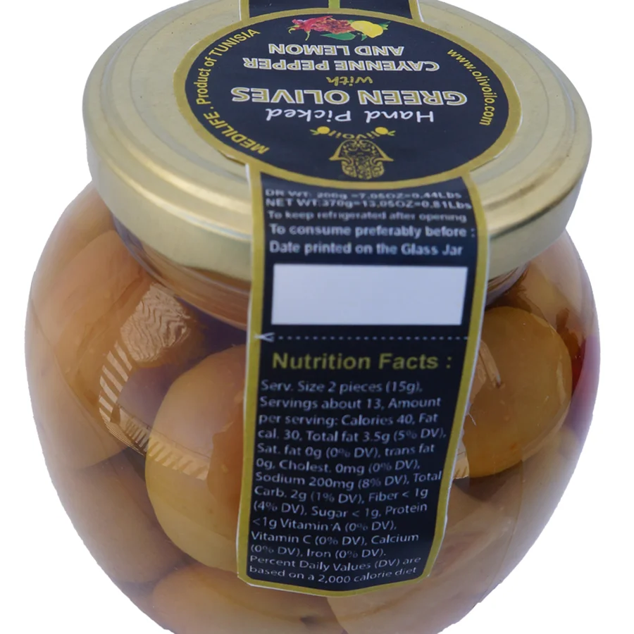 Зеленые оливки с кайенским перцем и лимоном высококачественные столовые 100% из Туниса Оливки