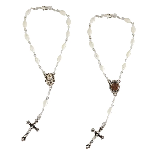 mother of pearl bracelet rosary with holy soil centerpiece