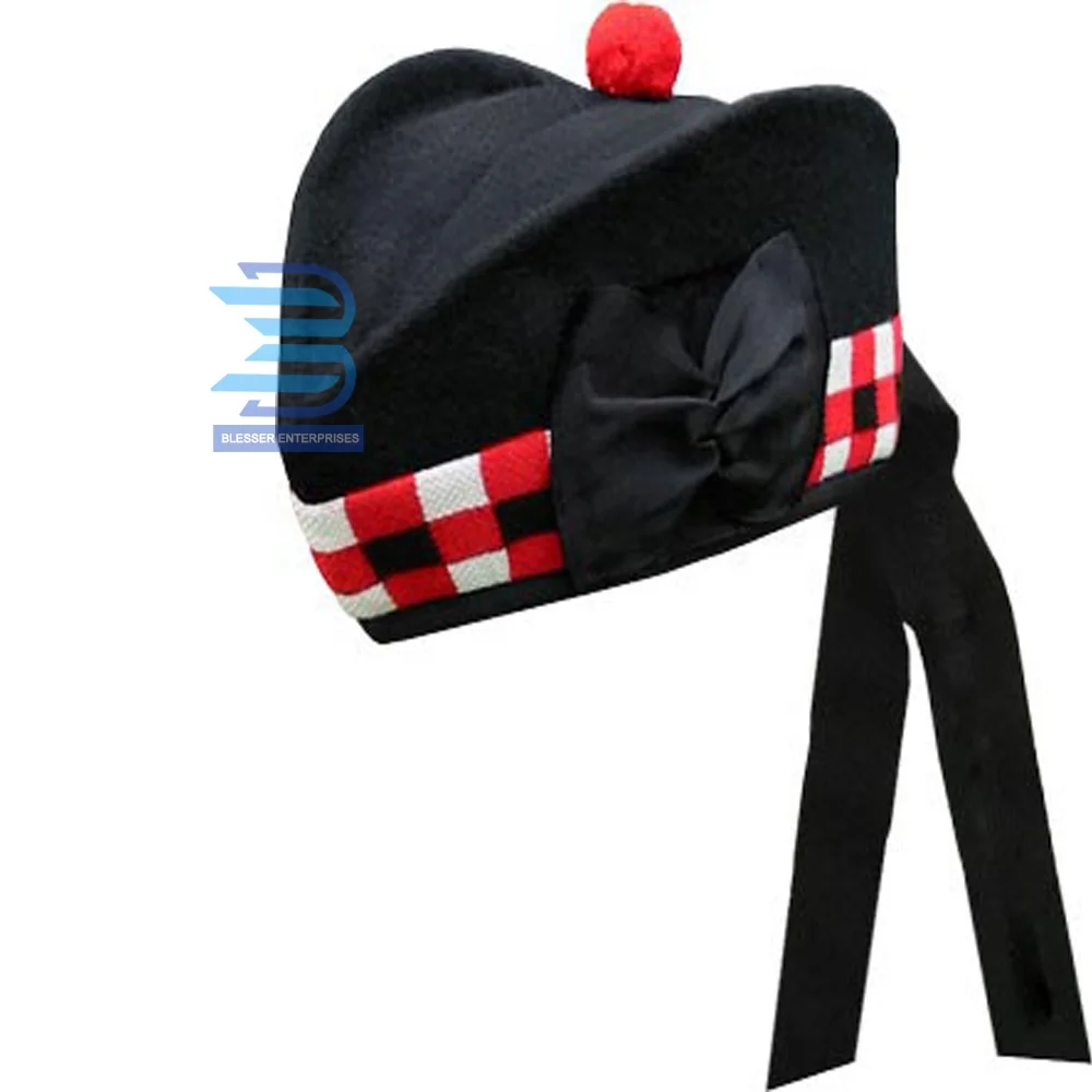 Highland Black Glengarry Hat Scottish Kilt Hat with White Dice traditional Comfortable PAKISTAN Scottish Hat