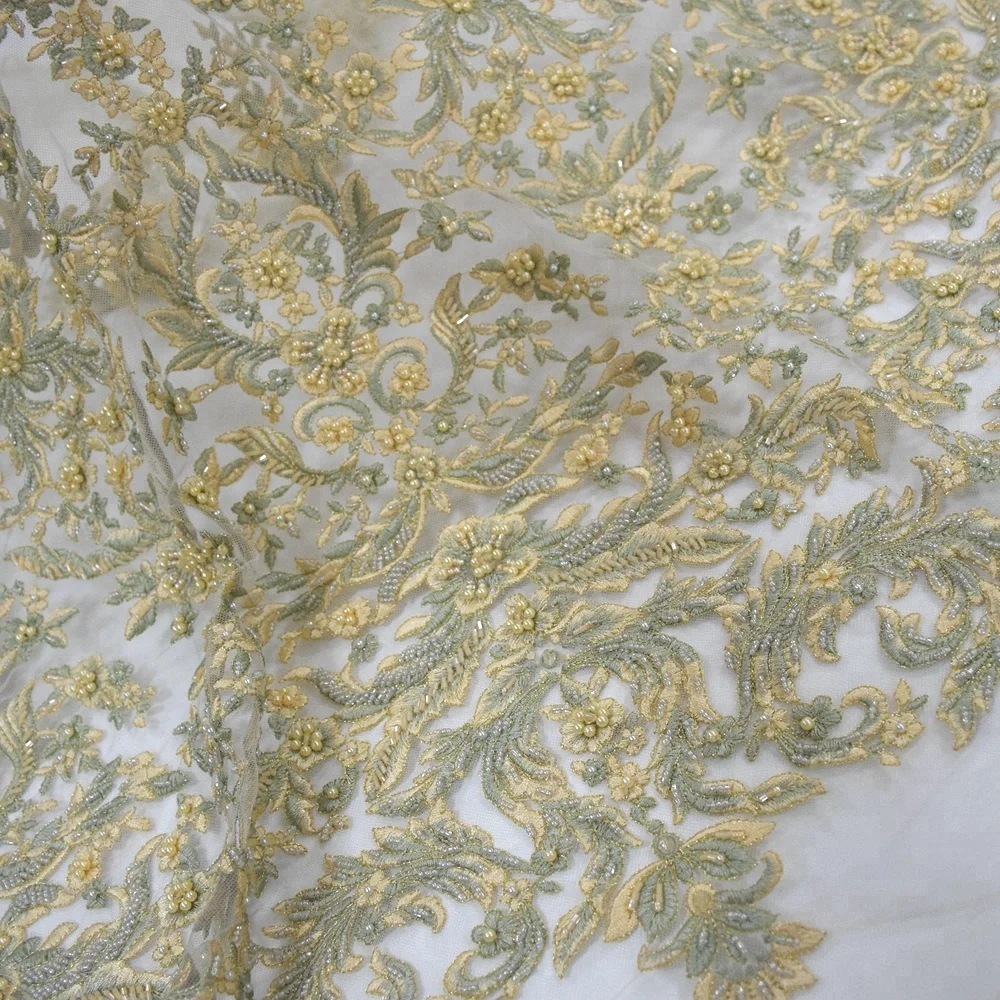 High quality bridal lace fabric beaded embroidery water soluble net nigerian lace fabric market in dubai HY0772-7