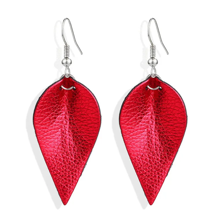 Fashion Handmade Bohemia  Leaf Hoop Earrings Lightweight Sequins Tear Drop Dangle Leaf Leather Earrings