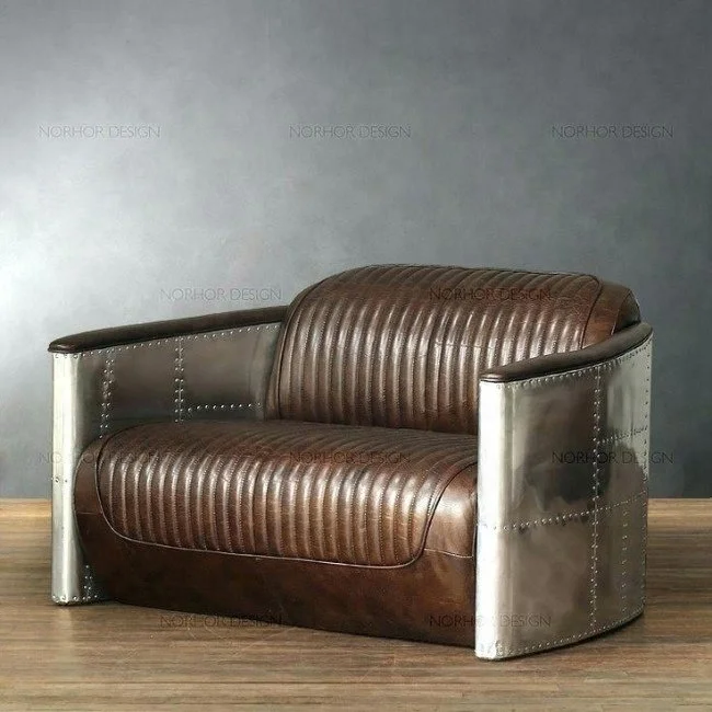
Industrial & vintage solid wood & genuine leather aviator design 2 seater sofa 