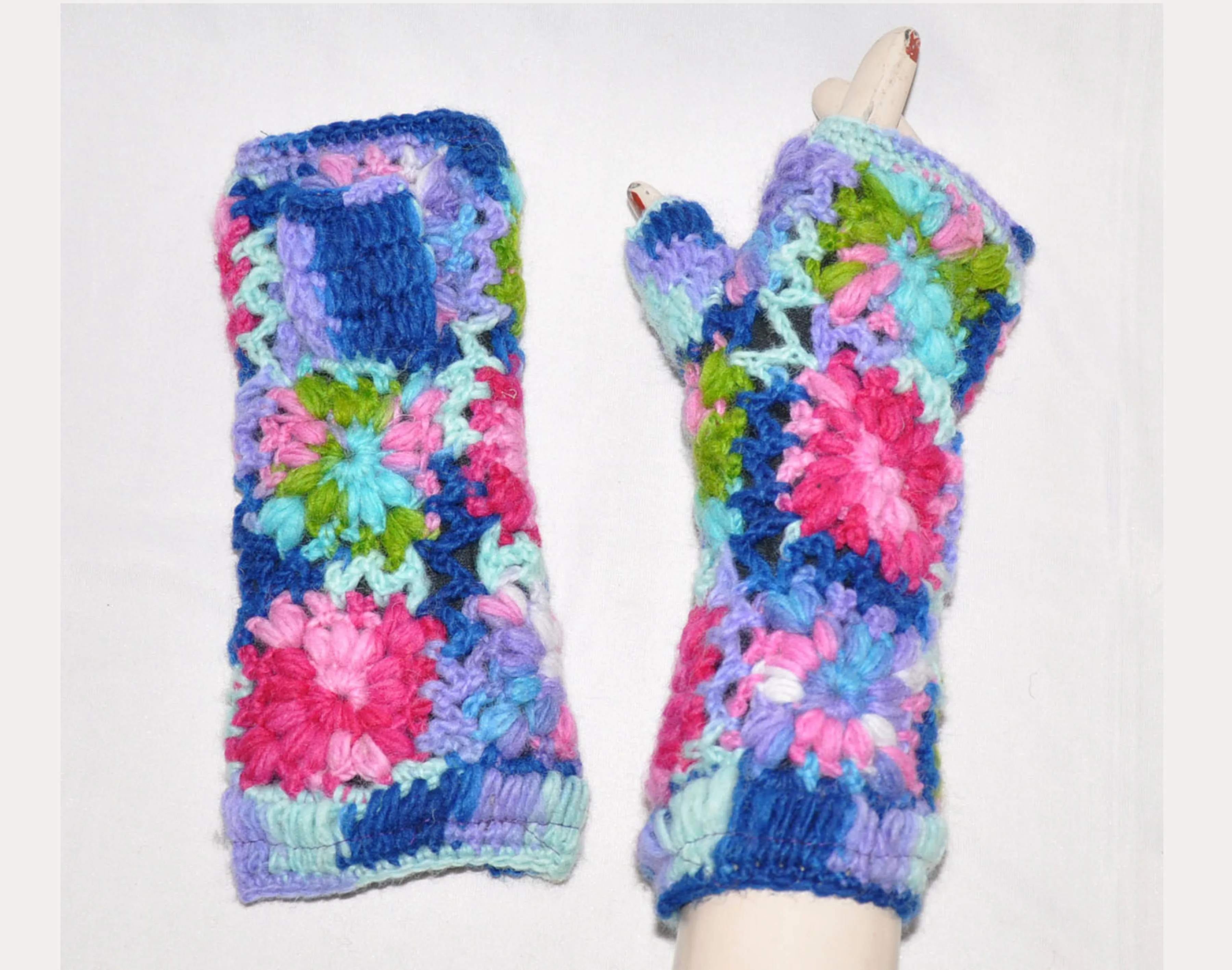 Blue Multicolor Flower Pattern Design Wool Fingerless Gloves Arm Warmers Hand Knit