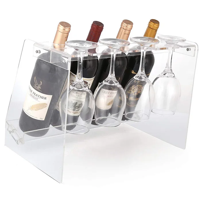 Tabletop Free Standing Display Collapsible Wine Storage Holder 4 Bottles & Goblets Acrylic Wine Rack