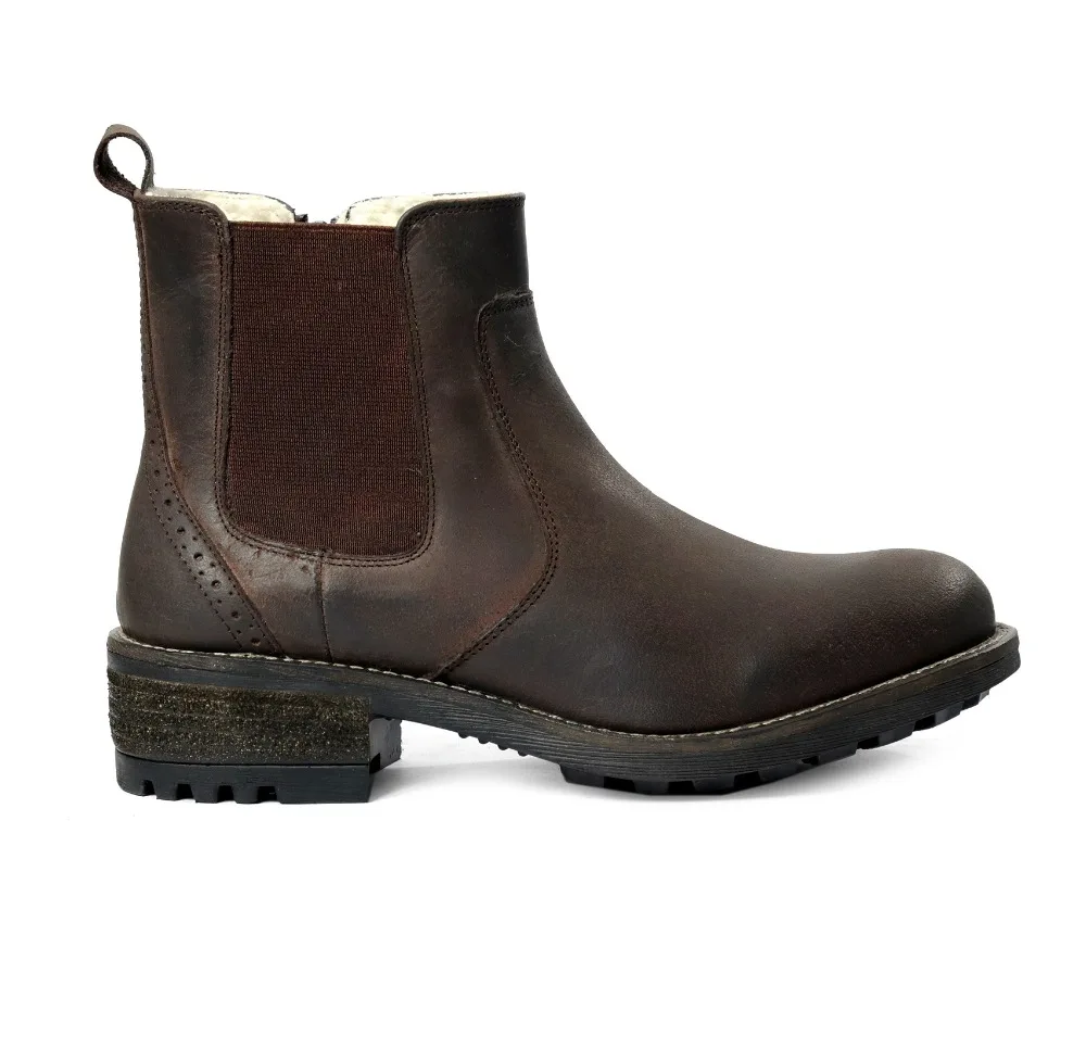 LADIES BIKER CHELSEA BROWN LEATHER BOOTS -COW OIL-PULL-UP LEATHER -FUR INSIDE ON TPR SOLE