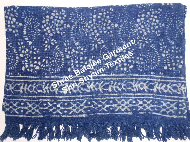 Fair Trade Indian Recycled Cotton Woven Indigo Blue Block Print  Sofa Settee Bedspread Fringe Blanket Throw 130x170cm
