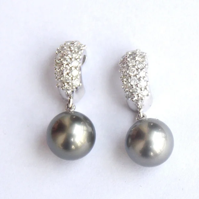 Genuine Rare Black Tahitian Pearl Diamond 18K White Gold Earrings Nice Fashion Gold Earrings for Women