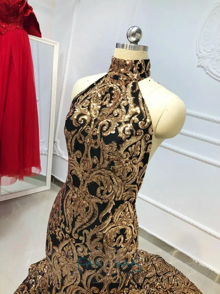 Ruolai OEV-L4162 Luxury Black and gold Sequin Halter Bling Bling Special Occasions Prom Dresses