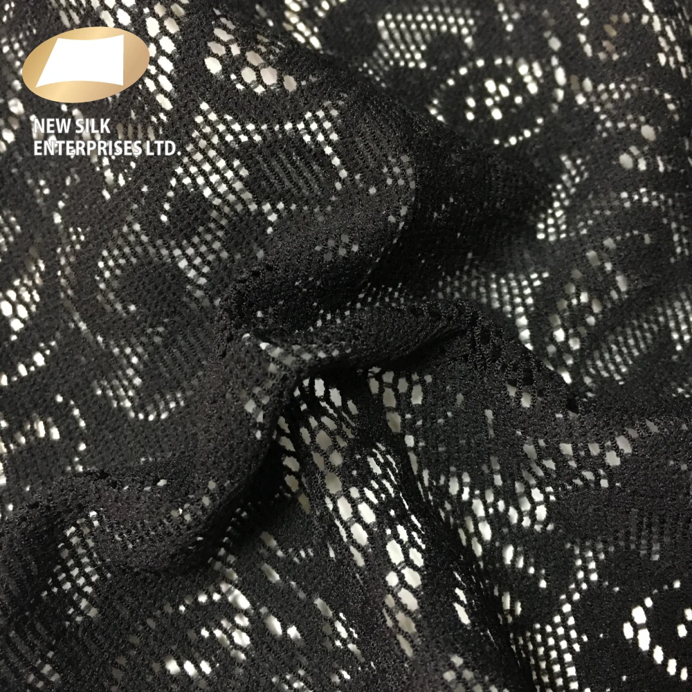 Black nylon jacquard mesh floral lace jersey knit fabric for dress