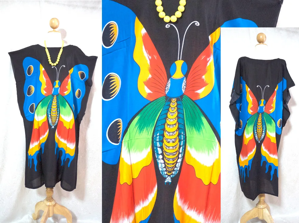 
vintage retro thai style HIPPIE BOHO HAWAII BLOCK TIE DYE caftan butterfly dress PLUS 