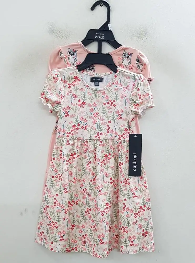 Top Quality Overrun Garments Branded Label Girls Kids Attractive Short Sleeve Round Neck Cotton Floral Dress Bangladesh Stocklot
